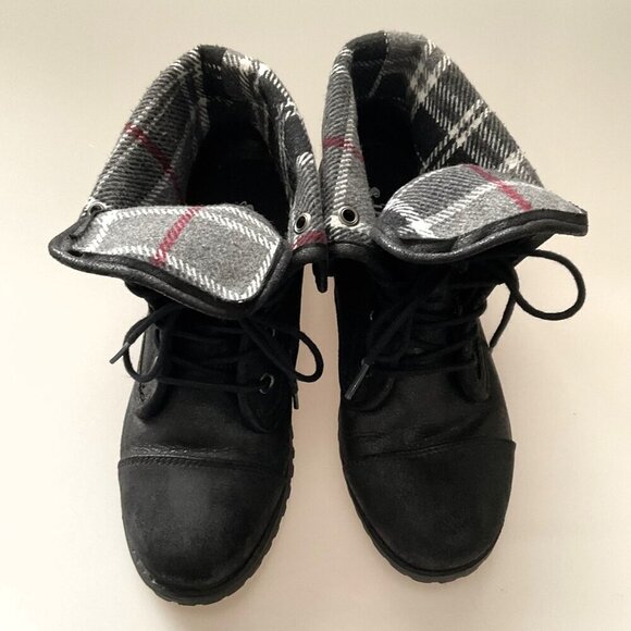 SELF ESTEEM CASCADE PLAID FOLD OVER BOOTS - Picture 1 of 16